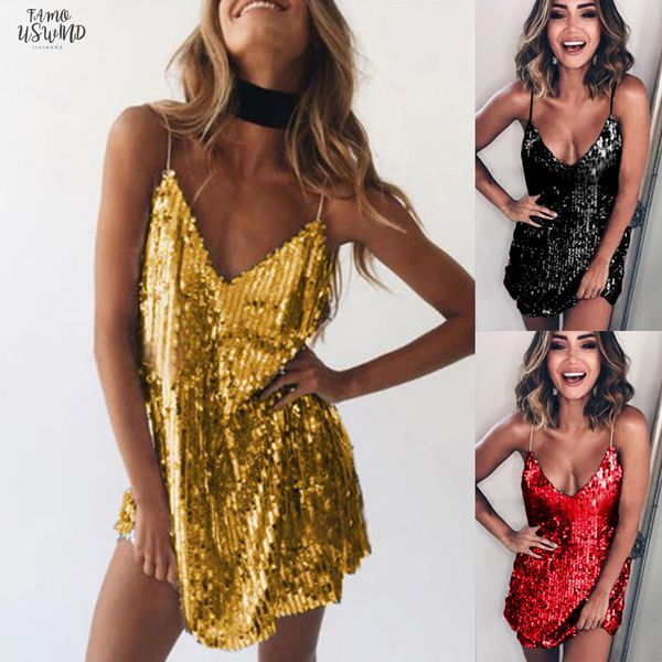 

2020 новая мода sexy ladies искорка притягательные glam глубокий v шеи без рукавов party club mini sexy блестками платье для девушек, Black;gray