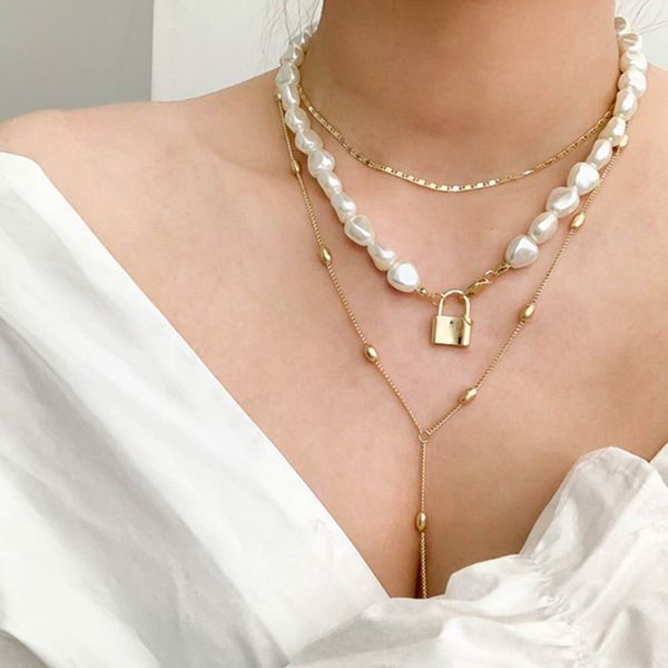 

srcoi hip hop multi-layer irregular freshwater pearls chain metal beads line lock pendant necklace gold color boemia women neckl, Golden;silver