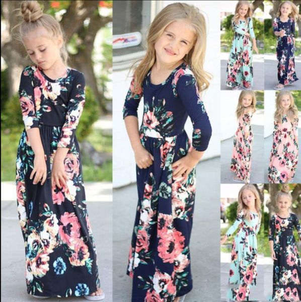 Bebé de moda infantil Boho longa Maxi Vestido Vestuário manga comprida vestido floral do bebê Bohemian Verão Princesa vestido floral