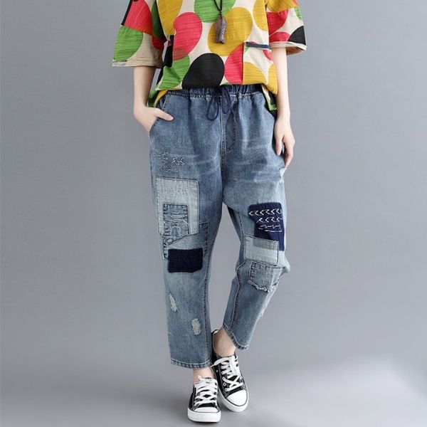 

осень женщины new крупногабаритные ripped hole голеностопного длина casual elastic талии джинсы cotton женский nylon гарем chic pant с карма, Blue