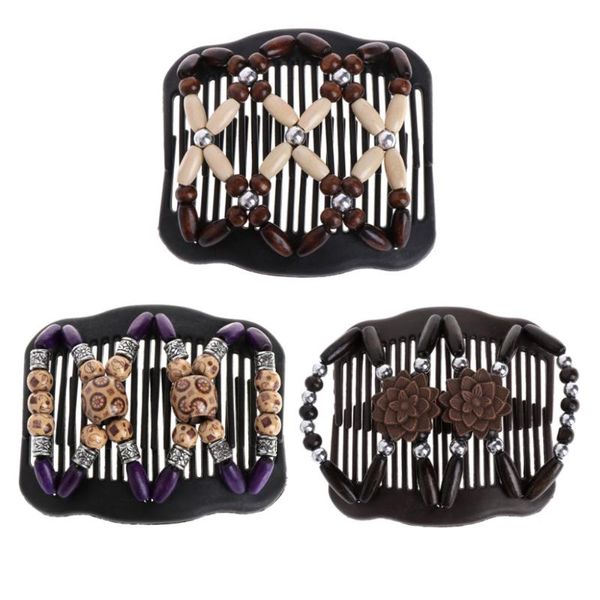 

easy magic wood beads double hair comb clip stretchy women hairwear, Golden;white