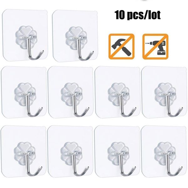 

10 pcs adhesive wall hooks transparent reusable anti-skid traceless heavy duty stick on hooks bathroom kitchen waterproof