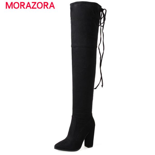 

morazora 2018 new pointed toe super high heel over the knee boots autumn winter short plush women boots square heel knight, Black