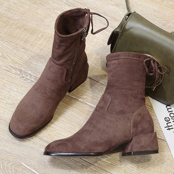 

autumn winter faux suede ankle strap zip ankle boots women shoes flock pointed toe med square heel botas mujer botte femme, Black