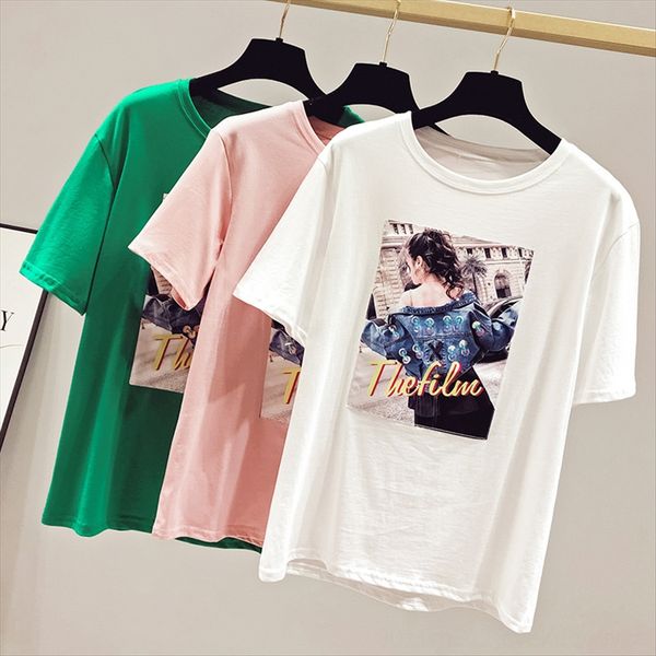 

super fire t-shirt base ins short-sleeved t-shirt women's summer clothes 2020 women's cotton loose beaded western style base, White
