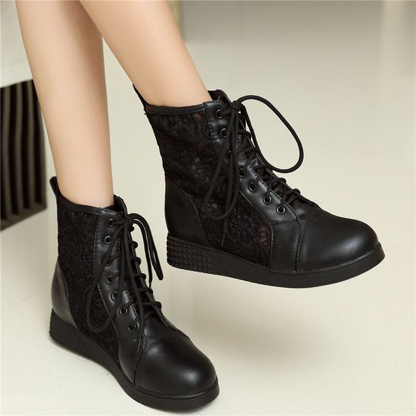 

fashion sneakers women lace up wedges low heel gladiator sandals round toe platform summer breathable lace pumps punk oxfords, Black