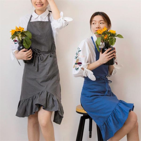 

solid color pleated apron cotton and linen kitchen apron bibs home cooking baking coffee shop cleaning aprons