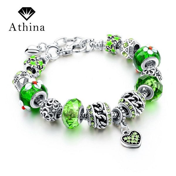 

silver heart bracelet green crystal charms snake chain bracelets & bangles pulseira diy jewelry sbr160032