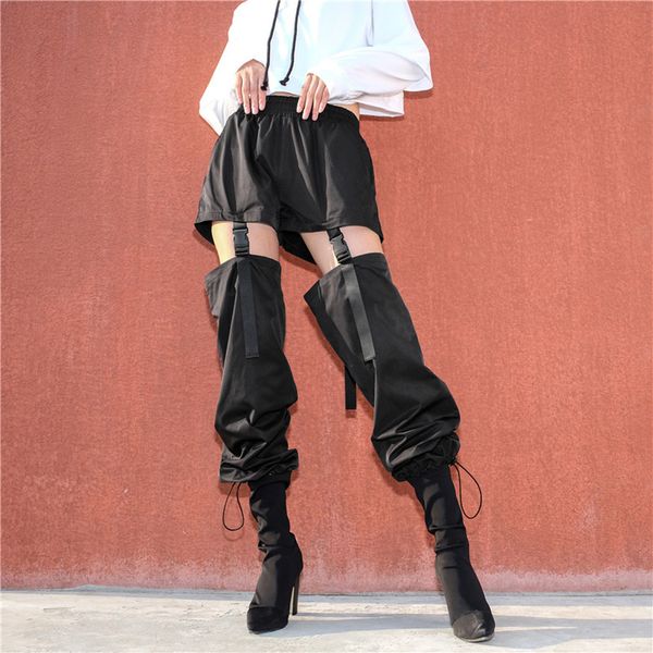 

black high waist cargo pants women pockets patchwork loose streetwear pencil pants 2019 fashion hip hop women's trousers, Black;white