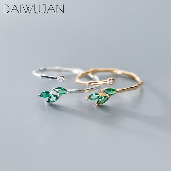 

daiwujan charm 925 sterling silver green crystal leaves bamboo knot open rings fine jewelry for women party accessories gift, Golden;silver