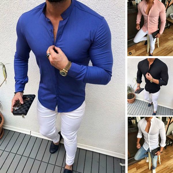 

2019 new style fashion luxury men's casual shirt slim fit solid button cotton long sleeve formal, White;black