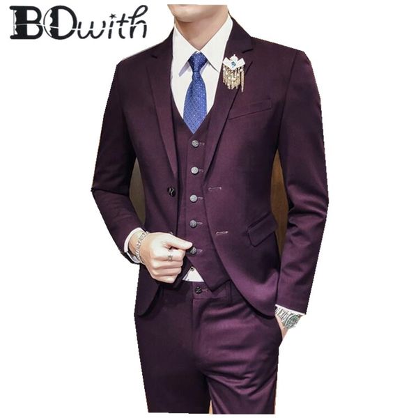 

single breasted wedding men suit purple peaked collar slim fit 3 pieces jacket+pants+vest for groom tuxedos formal suit, White;black
