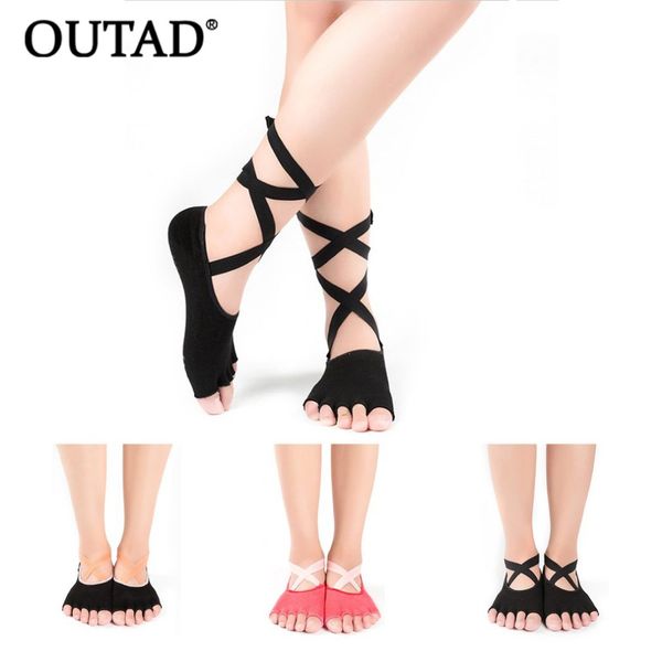

outad women sports yoga dancing ballet socks breathable anti-slip cotton silicone open toe bandage socks bellydance costume, Black