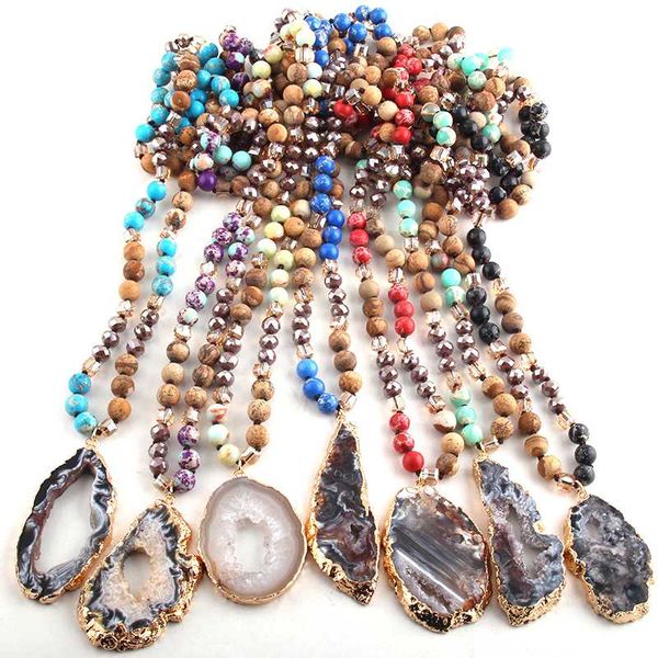 

rh fashion bohemian tribal jewelry brown crystal / natural stone long knotted irregular druzy stone pendant necklaces for women, Silver