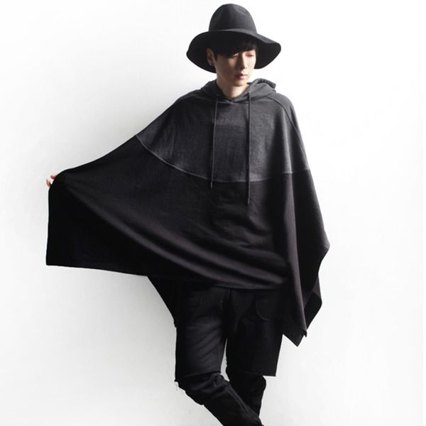 

korean men autumn hoodies patchwork hip hop hoody mens hooded cloak fashion sweatshirt plus size m-5xl coat sudaderas hombre, Black