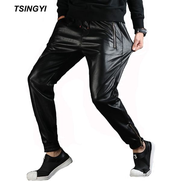 

tsingyi zipper faux leather harem pant men streetwear biker motorcycle full length elastic waist pu leather pencil feet trousers, Black