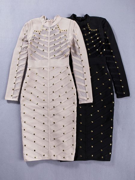 

2016 new fashion women wholesale nude black long sleeves studded beaded bandage dress party dress + suit, White;black