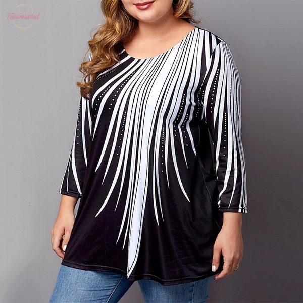 

women plus size printed casual spring autumn striped loose o neck black white long sleeve shirts blusas d30