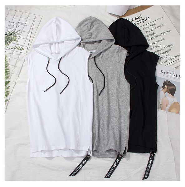 

mens designer t shirt summer new vest men's muscle fitness sweatshirt sleeveless solid color hooded cotton men's sports top, White;black