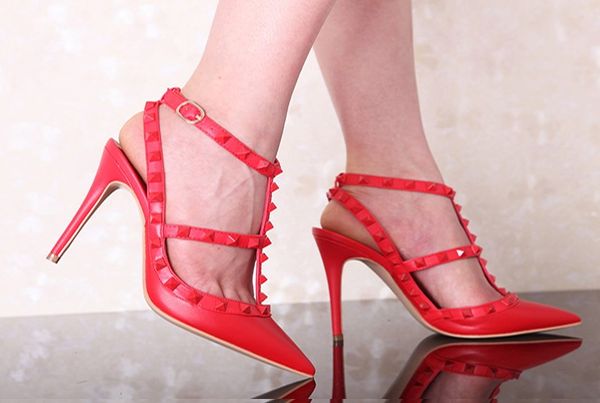 

new nude women platform pumps ladies round toe rivets high heels shoes fashion buckle studded stiletto sandals 34-43 box, Black