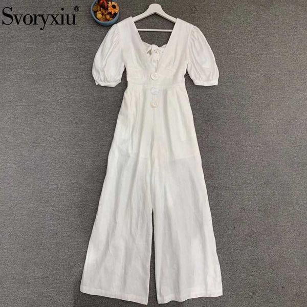 

svoryxiu fashion summer women white deep v neck jumpsuits ladies button bow short sleeve chic loose rompers, Black;white