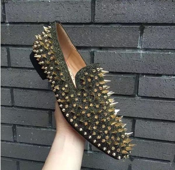 

2020 fashion men dandelion mix studs & spikes loafers red bottom sneakers oxfords wedding party dress gentleman walking suede shoes, Black