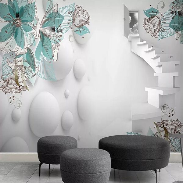 

пользовательский большая настенная 3d обои современный творческий 3d расширение пространства сферы лестница цветка телевизор обратно декор с