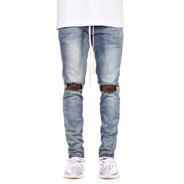 

men's high street zipper ripped skinny pencil jeans fashion casual 2018 new men jeans, Blue