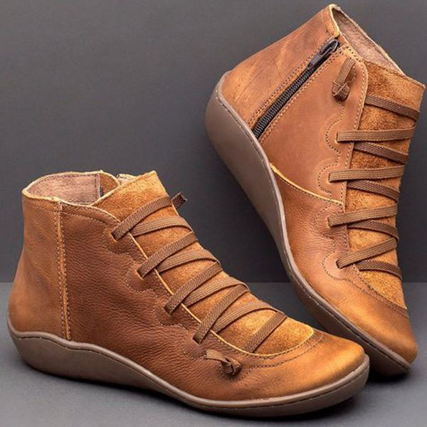 

boots woman vintage shoes women's casual flat leather retro lace-up boots side zipper round toe shoe lady outside shoes, Black
