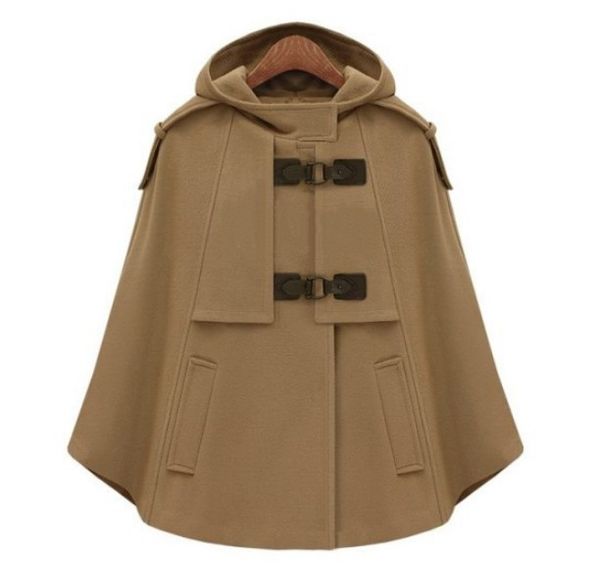 

женская мода с капюшоном шерстяного пальто сплошного цвета осенью зима шерстяной куртки outwear плащ шерсть шерсть пончо женской, Black