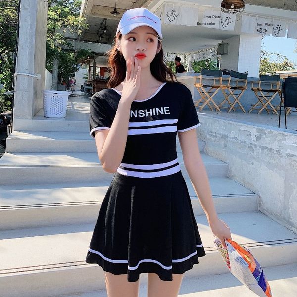 

women 2020 super fairy slim belly-covering women's one-piece skirt dress swimsuit spring students swimsuit, White;black
