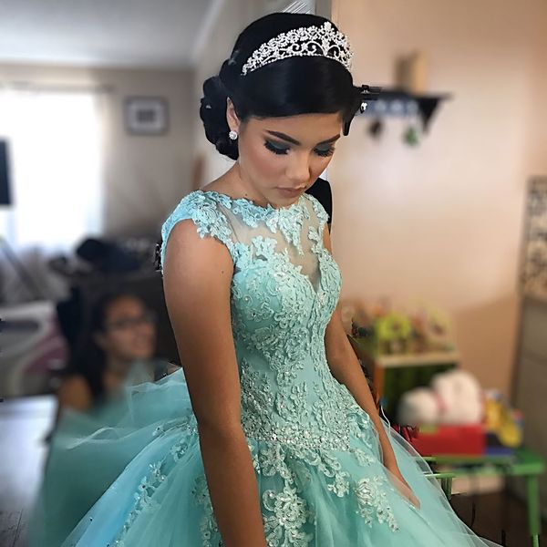 

lovely sheer neck quinceanera prom dresses cap short sleeves lace applique beaded crystal sweet 16 ball gowns dress for girls women, Blue;red