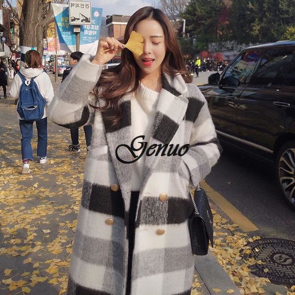 

new autumn winter cashmere trench jacket women casual black white plaid coat thickness warm button pocket jackets