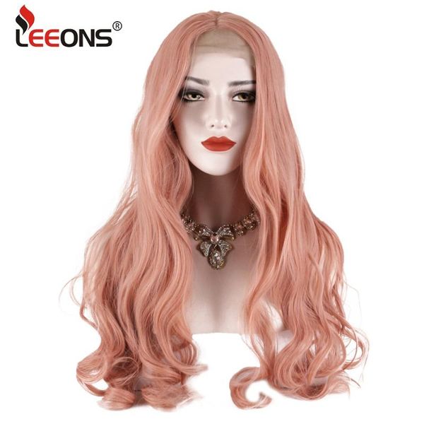 

leeons 24inch розовый фиолетовый медь парик фронта шнурка синтетический волнистые парики для женщин glueless парик шнурка 150% плотность жар, Black