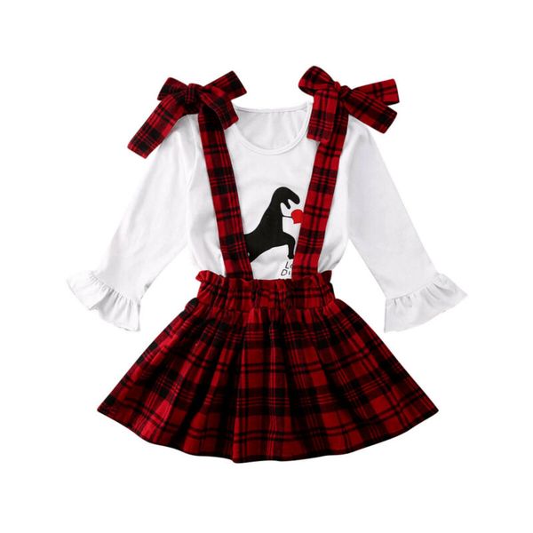 

sweet kids baby girls sets valentine's day clothes 2pcs dinosaur flare sleeve white red plaid strap skirt 2pcs outfits 1-6y