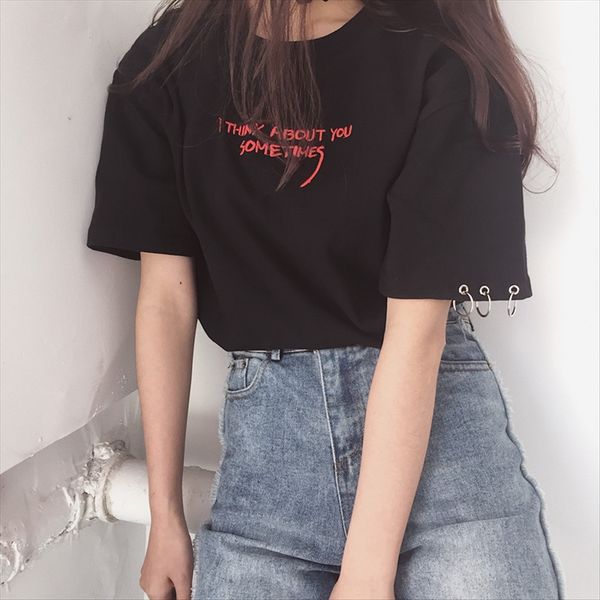 

summer dress embroidered ring women's harajuku style embroidery short loose ulzzang ring short sleeve, White