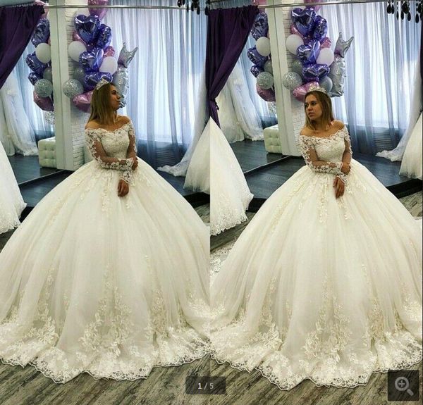 

new arrival vintage ball gown wedding dresses off the shoulder lace appliqued long sleeve bridal gowns sweep train wedding gowns sale, White