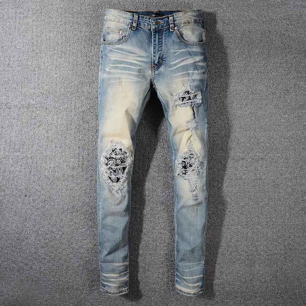 

amiri brand mens designer jeans washed slim fit patches ripped riding pants 19ss luxury vintage embroidery patchwork trousers selling, Blue
