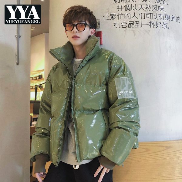 

thick warm winter new stand collar couple bright short coats korean high street casual long sleeve loose fit male cotton parkas, Black