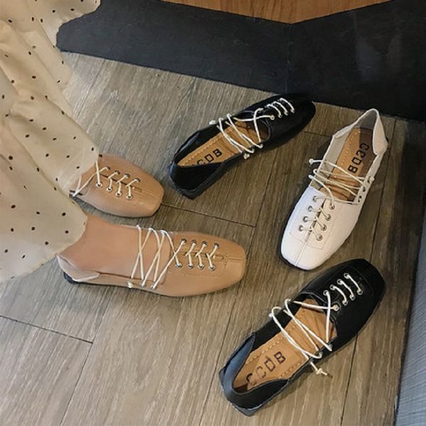 

flat sole shoes female 2019 new spring lace square head casual soft bottom lazy fashion peas shoes, Black