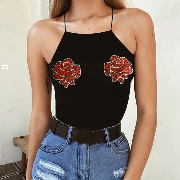 

summer jumpsuit women flower bodysuit sleeveless bodycon party strap slim female backless cross black playsuit rompers, Black;white