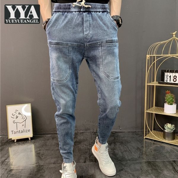 

autumn distressed pockets lace up elastic waist blue denim pencil pants men fashion ankle-length casual slim fit korean jeans