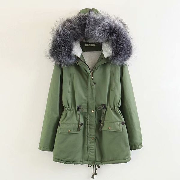 

2018 winter new style cotton coat waist hugging slim fit hooded large fur collar brushed and thick women's mid-length cotton-pad, Blue;black