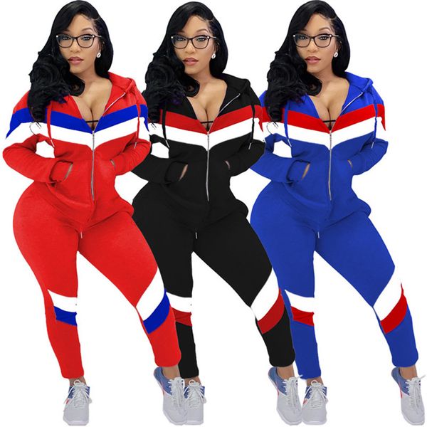 

women two pieces set jogger suit tracksuit fall winter clothing outfits sportswear hooded coat pants casual patchwork sweatsuit 2248, Black;gray