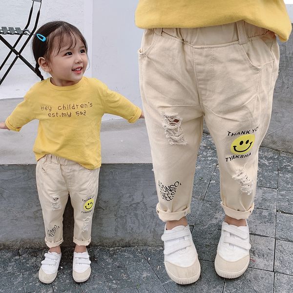 

fall of 2019 girls aged 1-6 cute fashion versatile casual smiling face and jeans pattern jeans, Blue