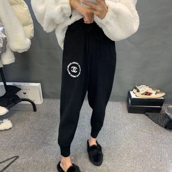 

2020winter new qwomen's трикотажные брюки для маленьких ног web celebrity тот же эластичный пояс double c double g повседневные свободные бр, Blue