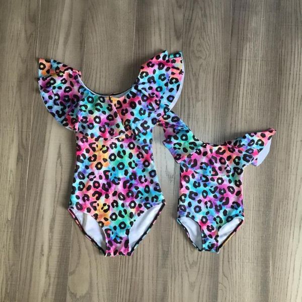

one piece summer baby girls children clothes mommy & me suspender swimsuit tie dyed leopard cheetah boutique set ruffles bikini, White