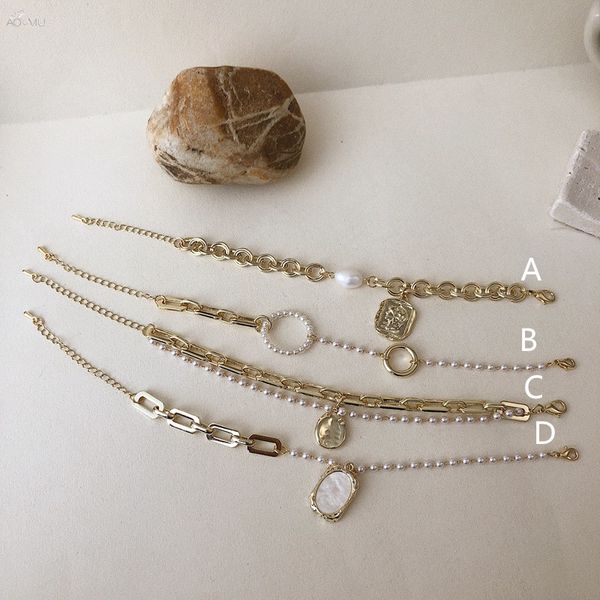 

aomu 2020 korea retro portrait coin embosse pearl bracelet head geometric bracelet gold color personality for women jewelry, Black