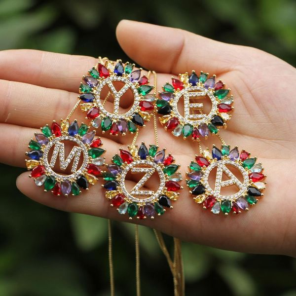 

new trendy gold color micro pave rainbow cz cubic zirconia a-z initials letter pendant necklaces for women jewelry, Silver