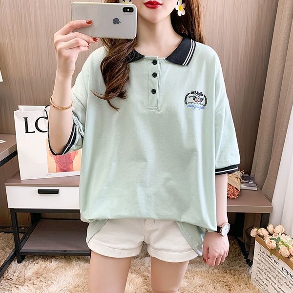 

cotton 2020 t- medium and long polo shirt short-sleeved t-shirt women's loose large size women's clothing, White
